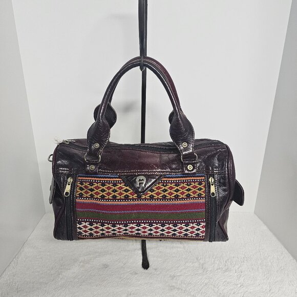 Etienne Aigner Handbags - Aigner Brown Tapestry Leather Southwestern Handbag Boho Distressed Retro